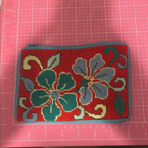 Red and Green Floral Cosmetic Bag with Embroidered Design - Picture 1 of 6